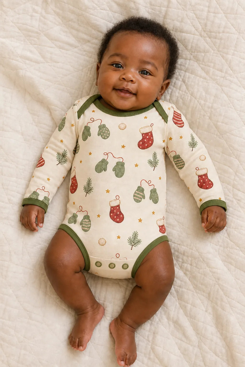 Baby wearing the Christmas Stockings long sleeve bodysuit