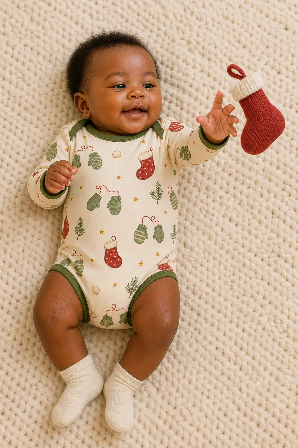 Baby playing comfortably in the Christmas Stockings bamboo bodysuit
