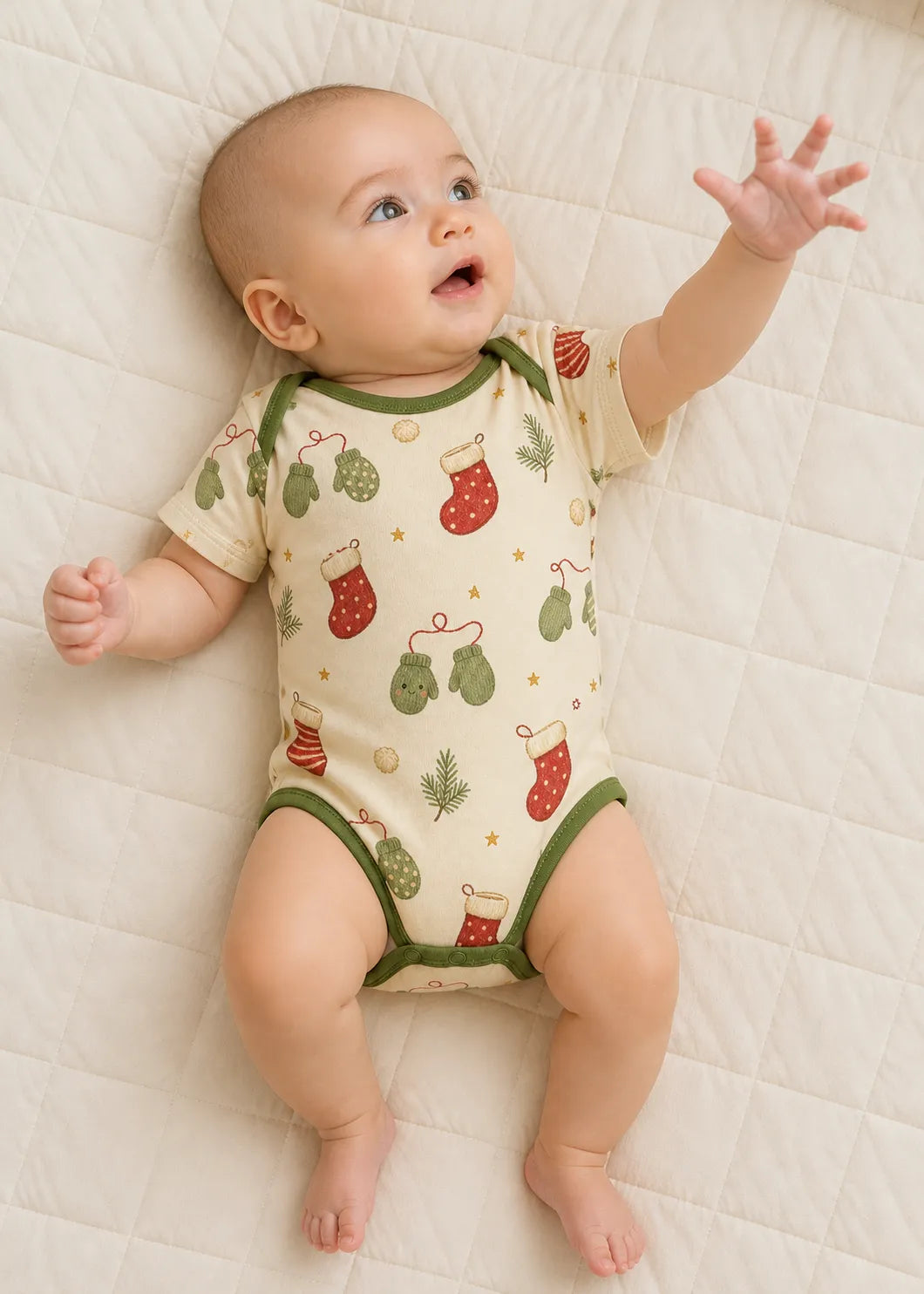 Baby wearing the Christmas Stockings short sleeve bodysuit