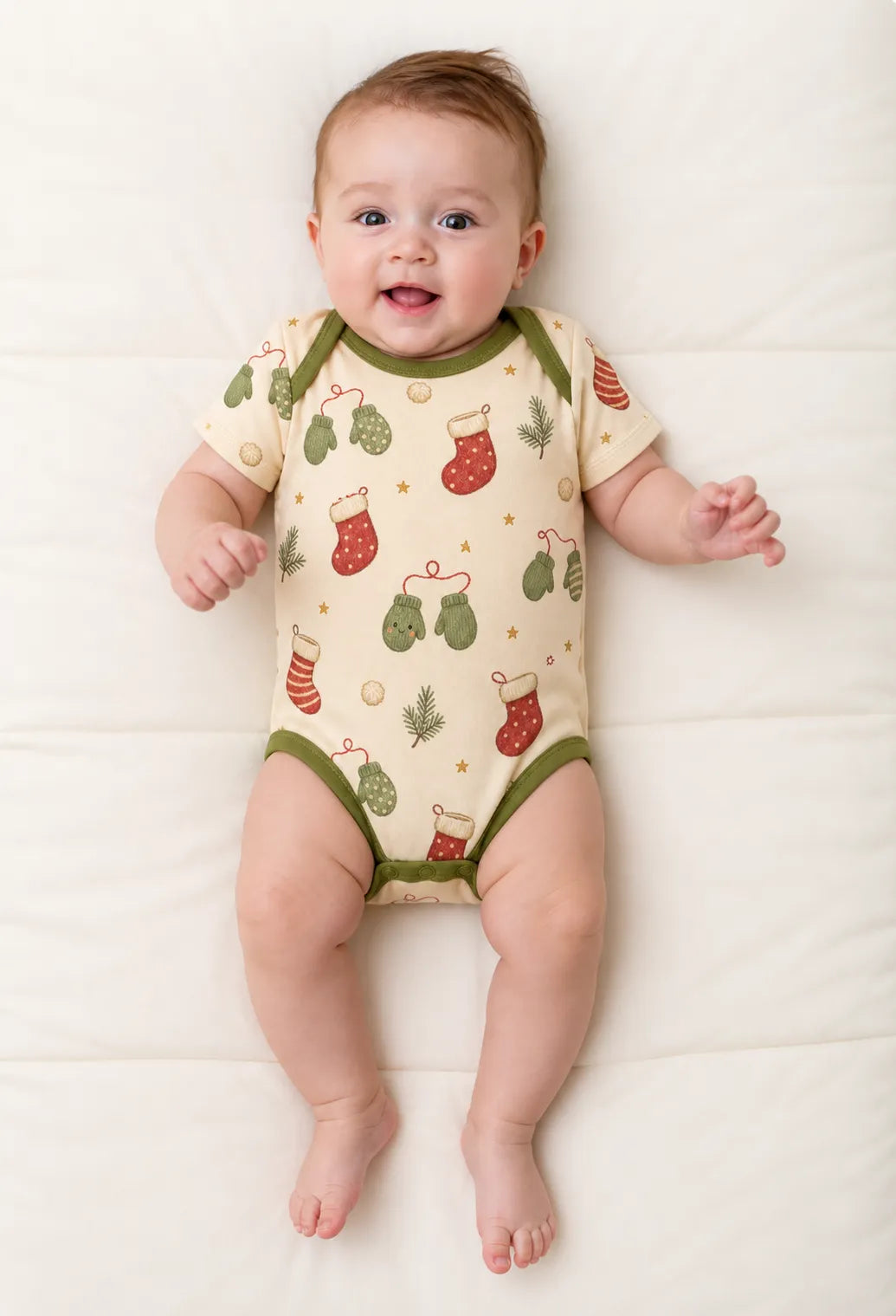 Baby playing comfortably in the Christmas Stockings bamboo bodysuit