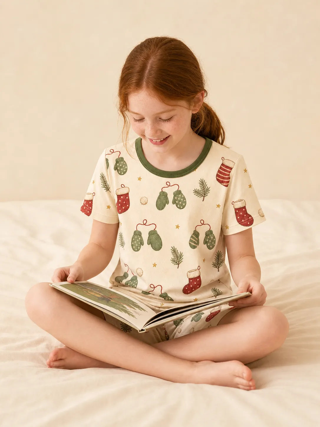 Child playing at home in Christmas Stockings bamboo pajamas