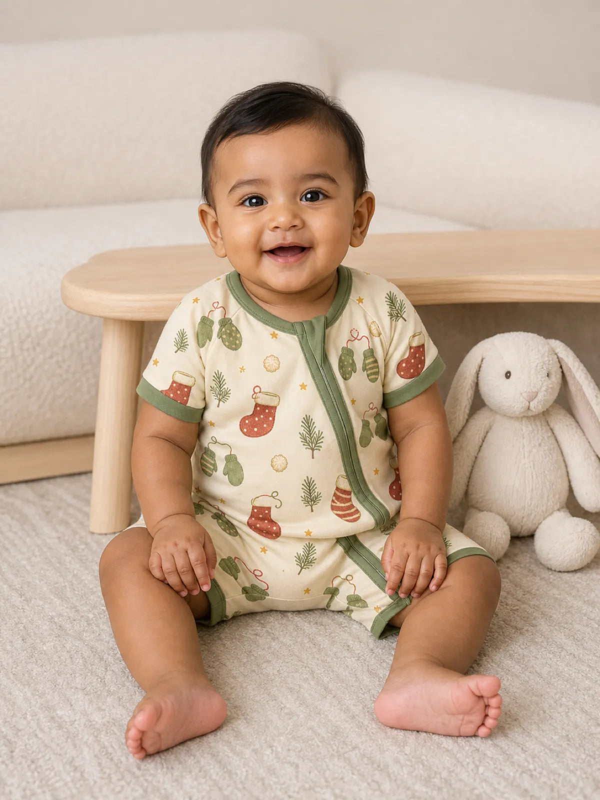 Baby playing at home in the Christmas Stockings shorty romper