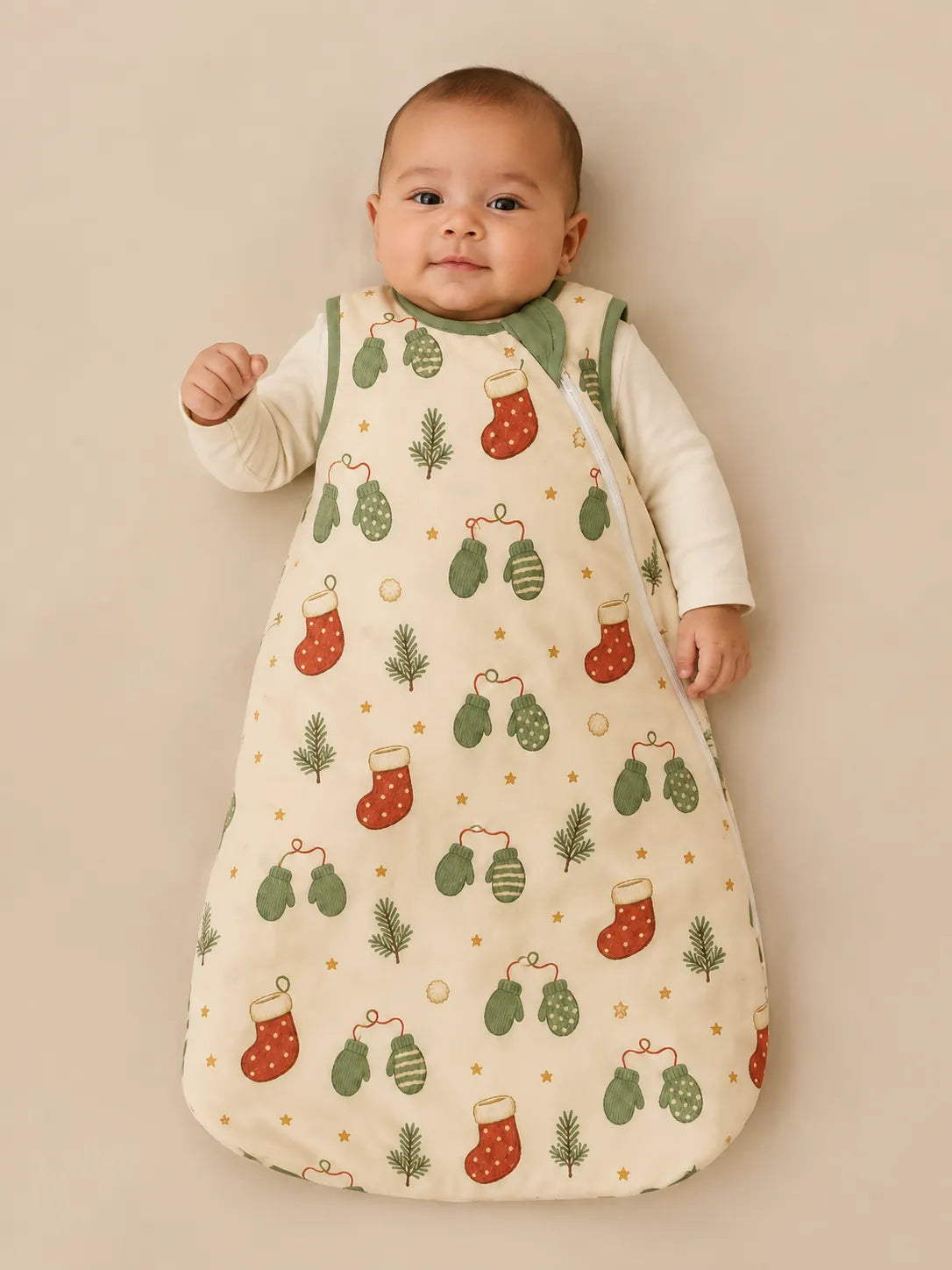 Baby wearing the Christmas Stockings bamboo sleep bag