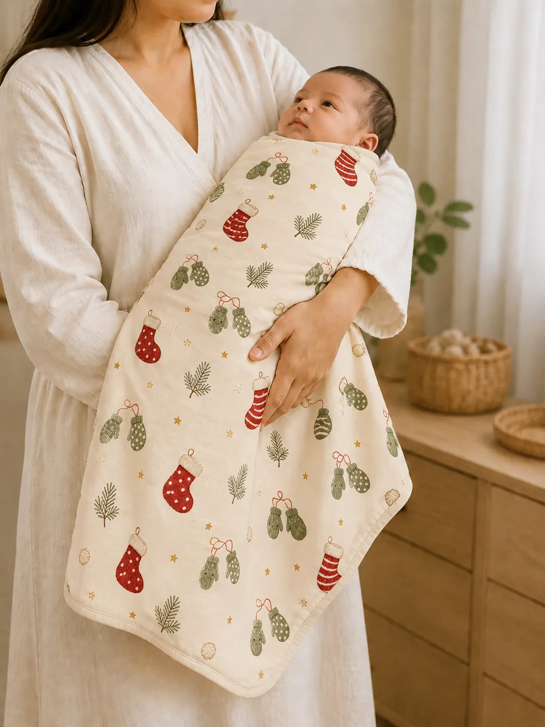 Baby cuddled in the Christmas Stockings bamboo swaddle blanket at home
