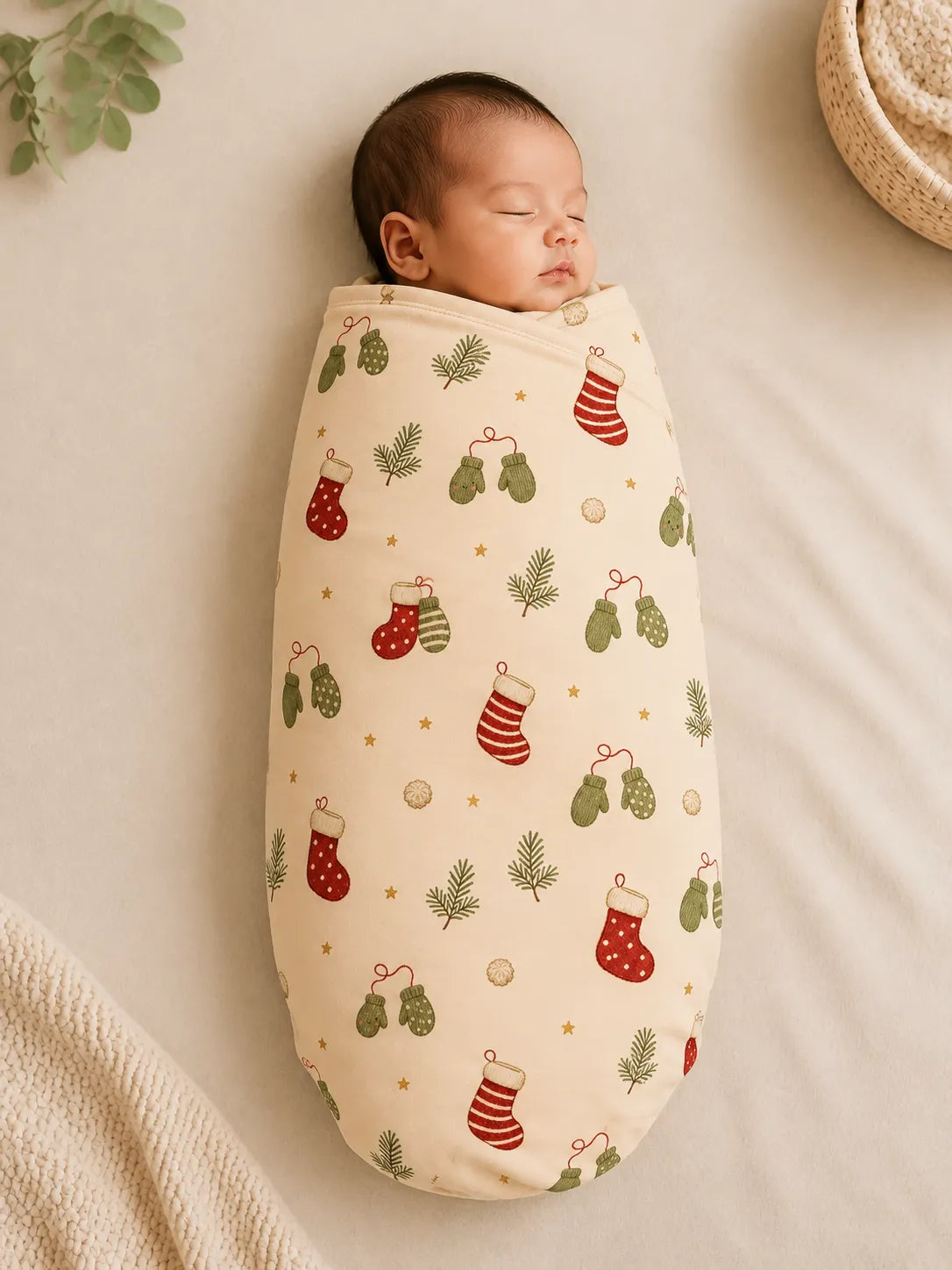 Baby wrapped in the Christmas Stockings bamboo swaddle blanket