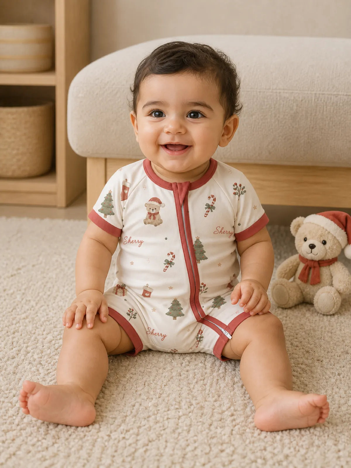 Baby wearing the Christmas Teddy bamboo shorty romper