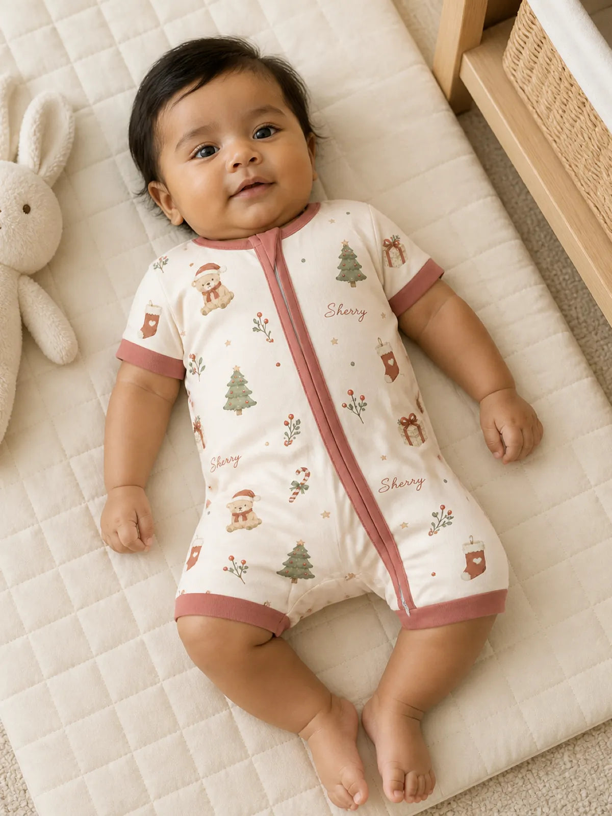 Baby wearing the Christmas Teddy bamboo shorty romper