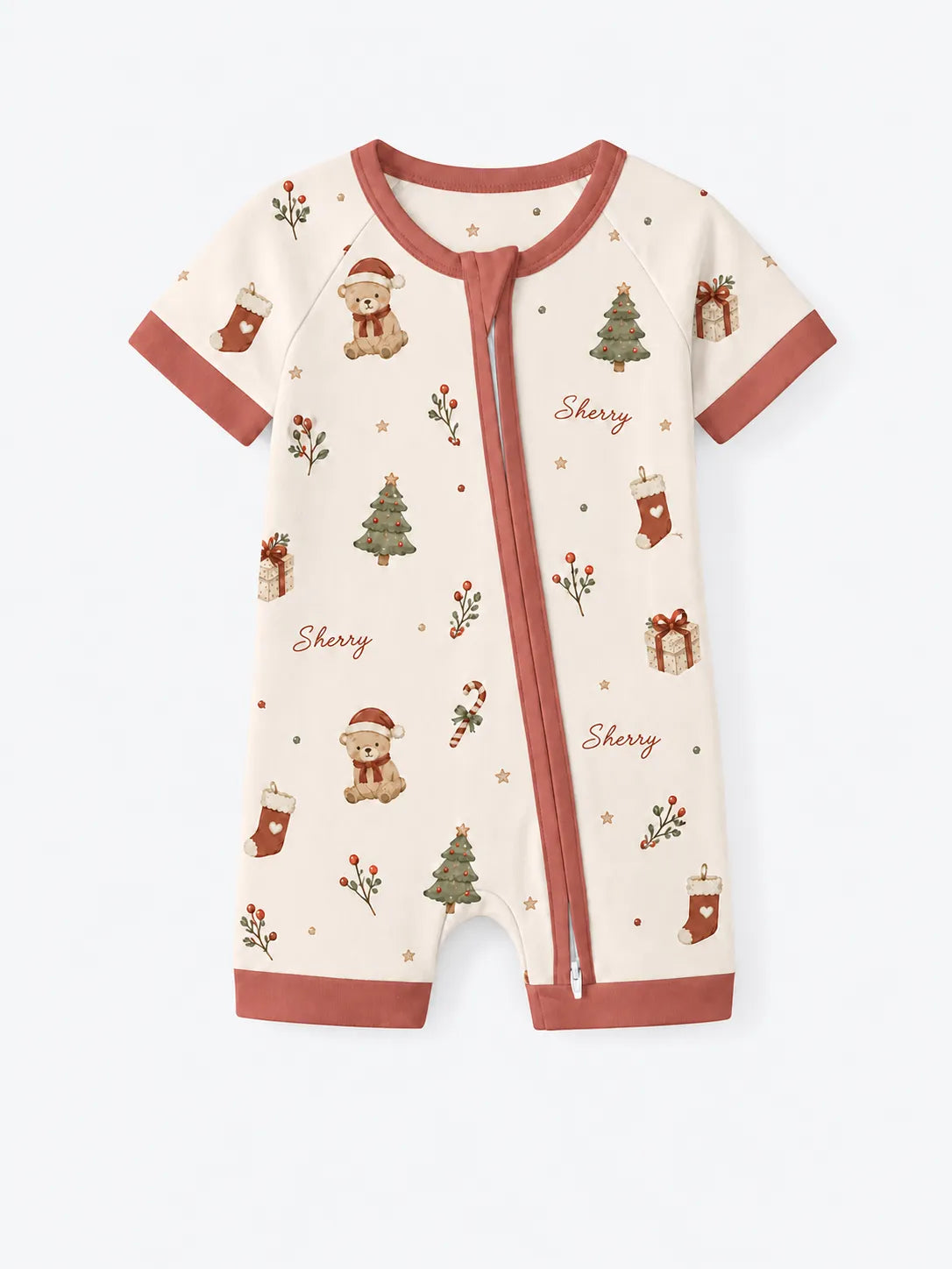 Christmas Teddy bamboo shorty romper by MossiBaby