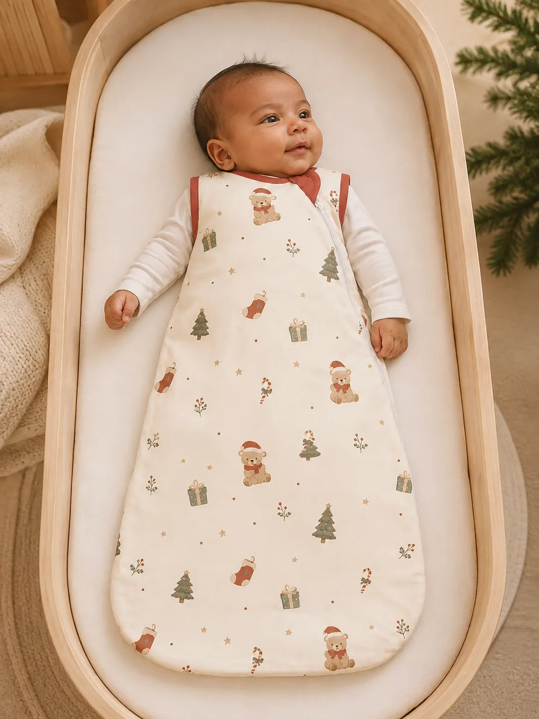 Baby cuddled in the Christmas Teddy bamboo swaddle blanket at home
