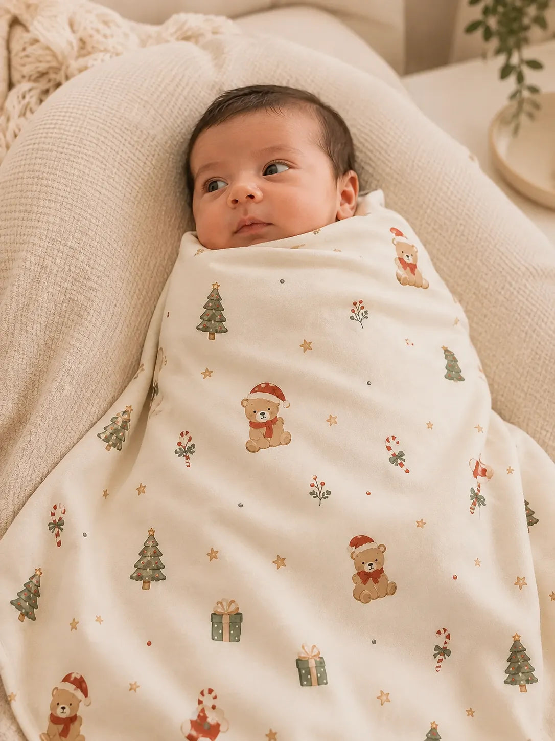 Baby cuddled in the Christmas Teddy bamboo swaddle blanket at home