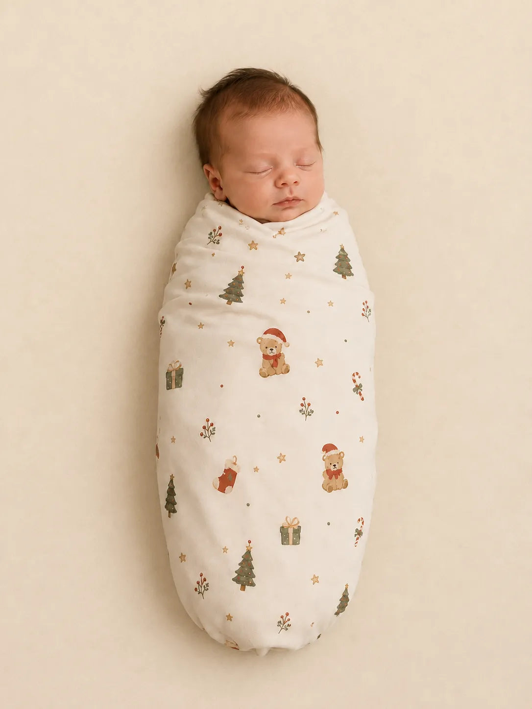 Baby wrapped in the Christmas Teddy bamboo swaddle blanket
