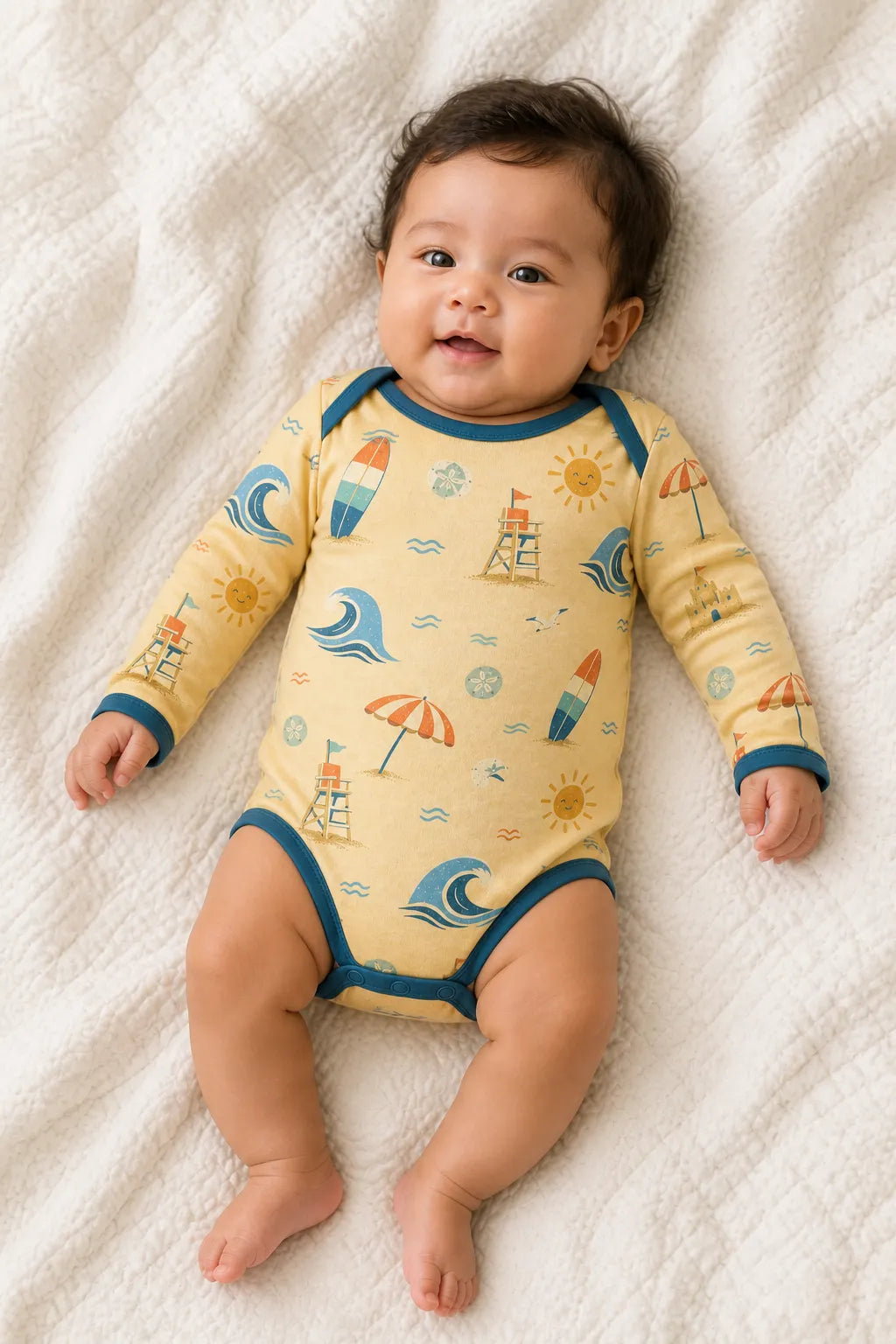Baby wearing the Beach Day long sleeve bodysuit