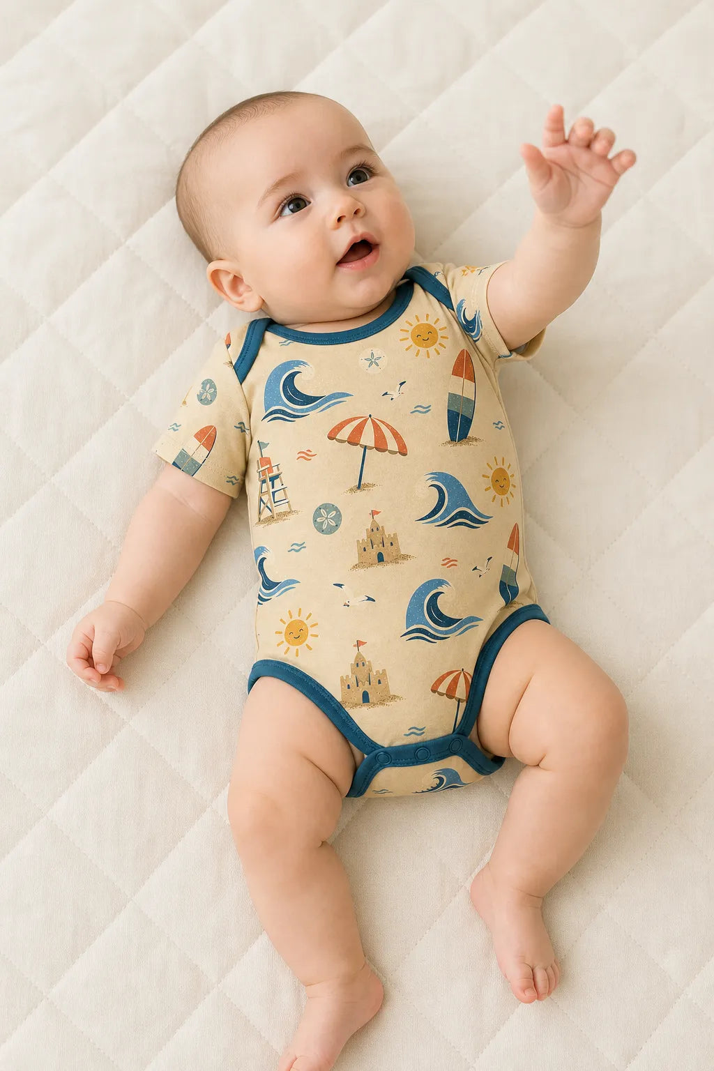 Baby playing comfortably in the Beach Day bamboo bodysuit