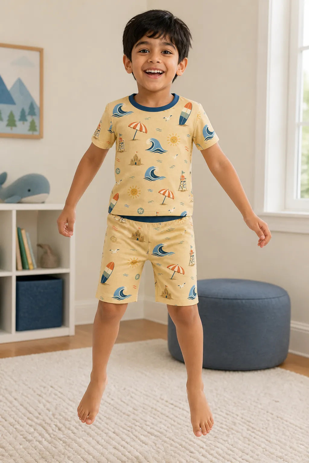 Child playing at home in Beach Day bamboo pajamas