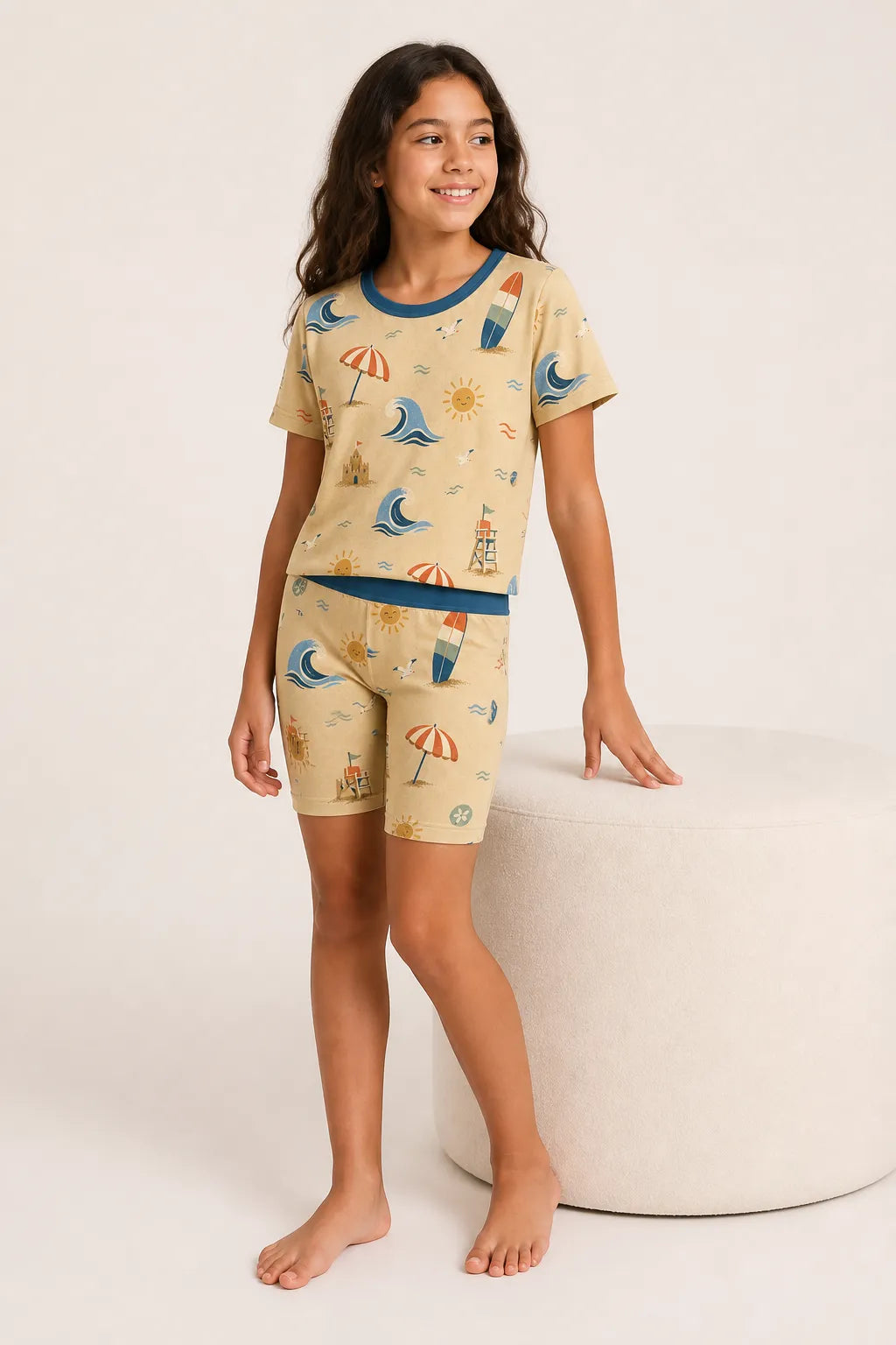 Child wearing the Beach Day short sleeve pajama set