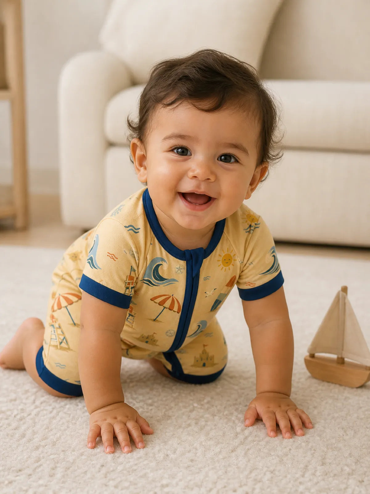Baby wearing the Beach Day bamboo shorty romper