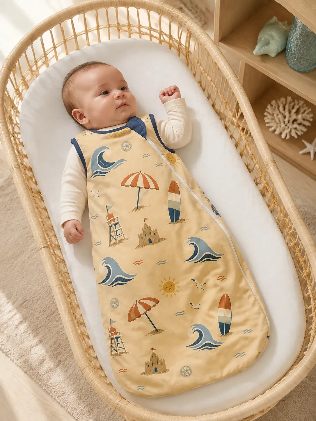 Baby resting comfortably in the Beach Day bamboo sleep bag
