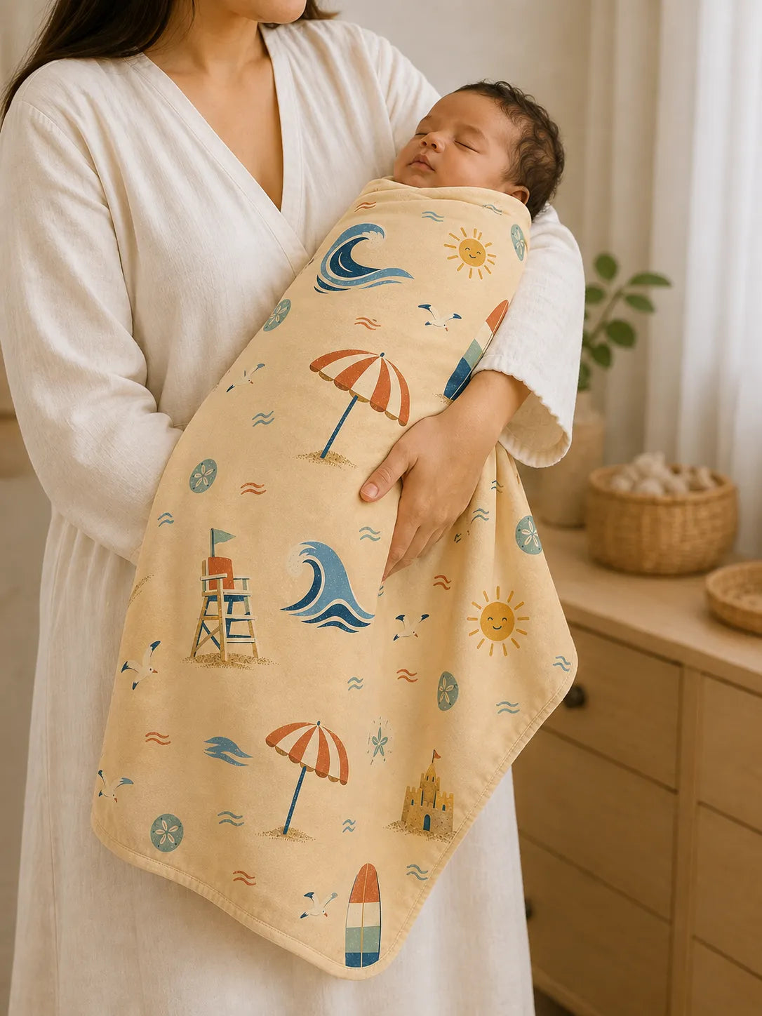 Baby cuddled in the Beach Day bamboo swaddle blanket at home