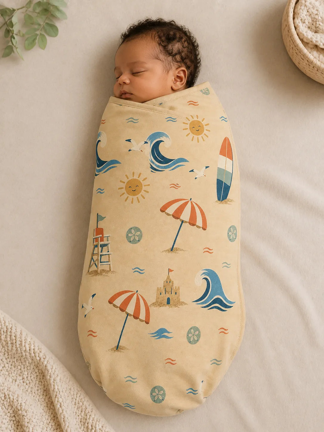 Baby wrapped in the Beach Day bamboo swaddle blanket