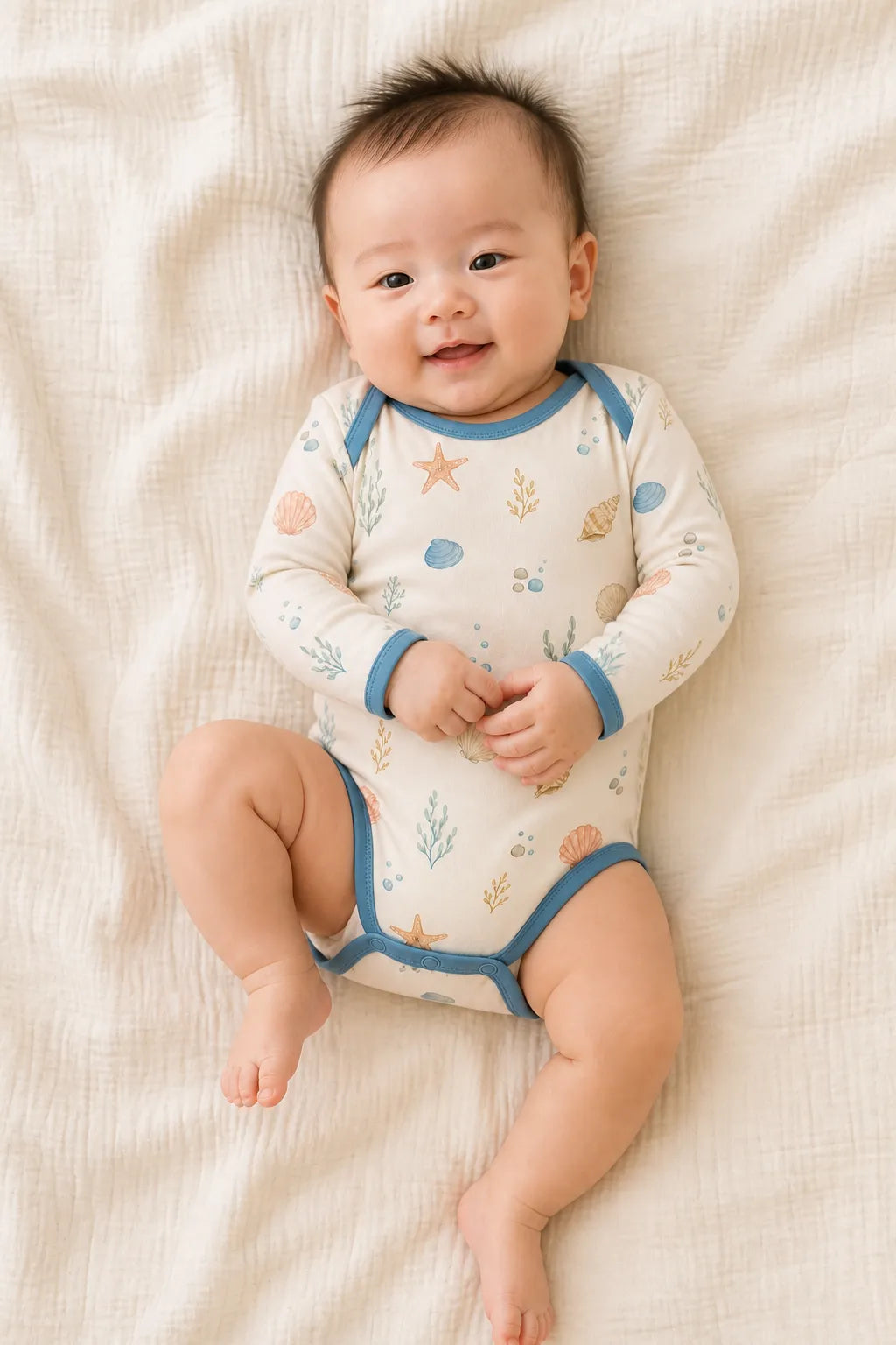 Baby wearing the Seaside Treasures long sleeve bodysuit
