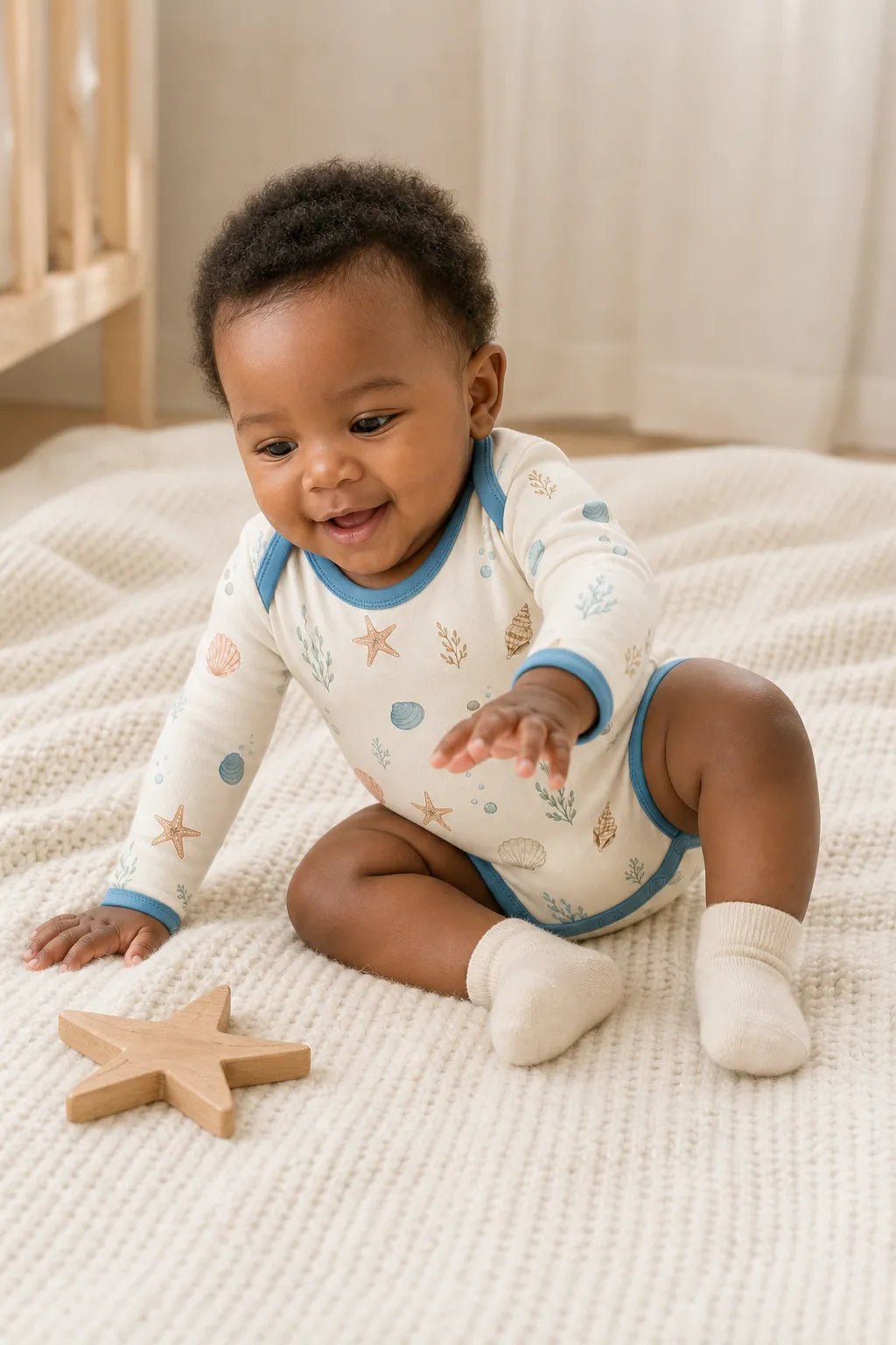 Baby playing comfortably in the Seaside Treasures bamboo bodysuit