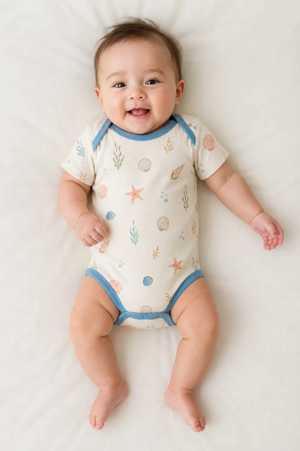 Baby wearing the Seaside Treasures short sleeve bodysuit