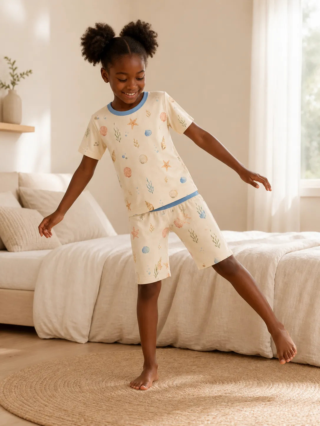 Child wearing the Seaside Treasures short sleeve pajama set