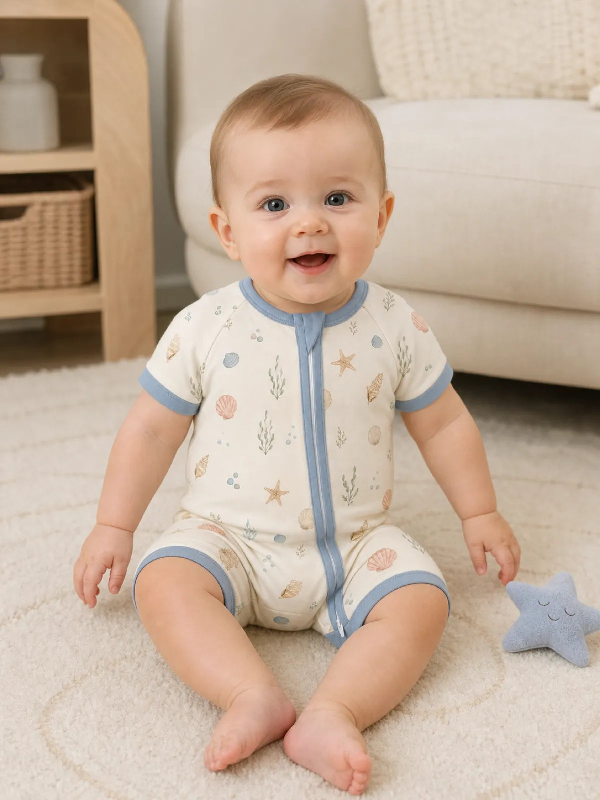 Baby playing at home in the Seaside Treasures shorty romper
