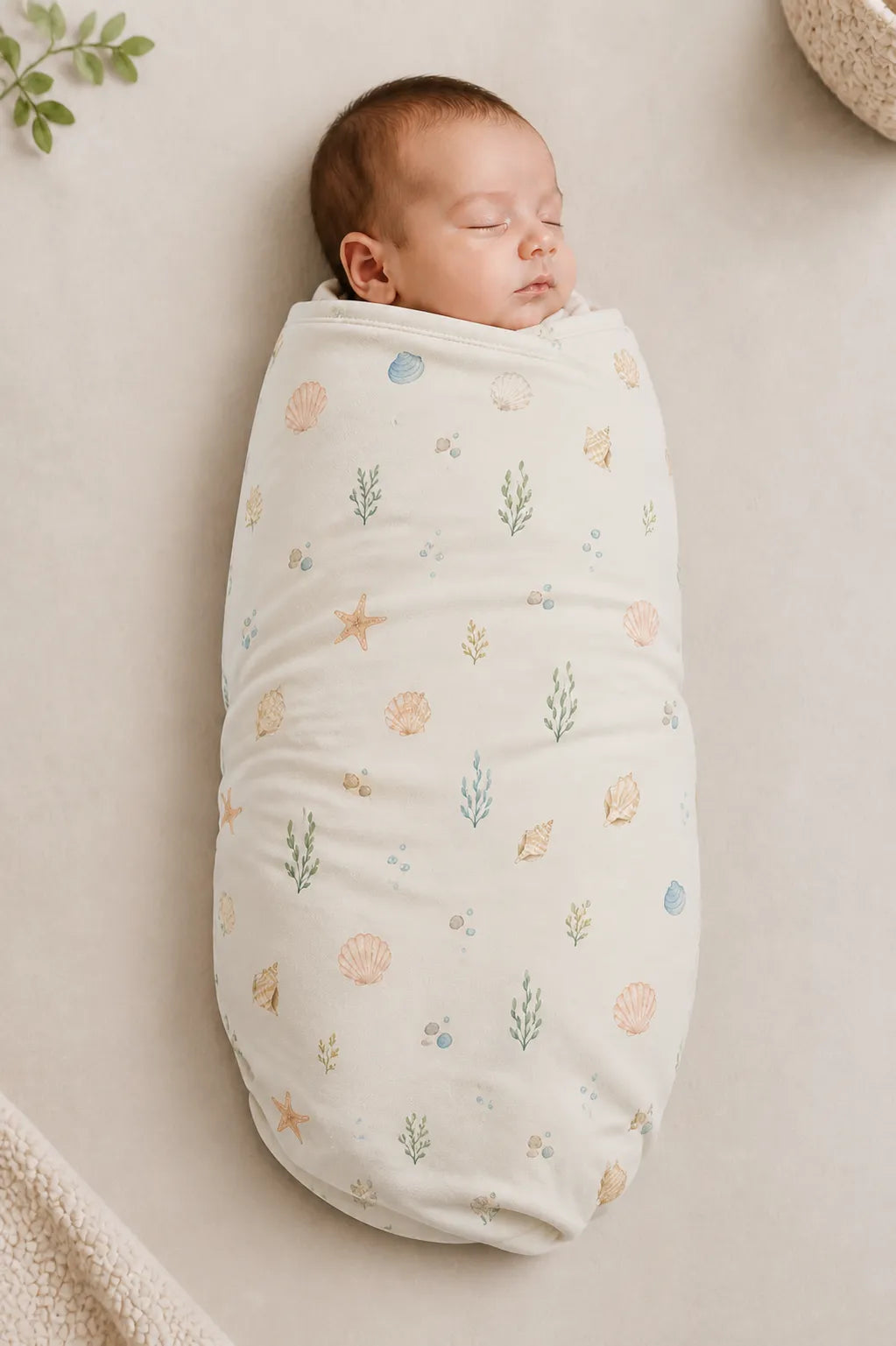 Baby wrapped in the Seaside Treasures bamboo swaddle blanket