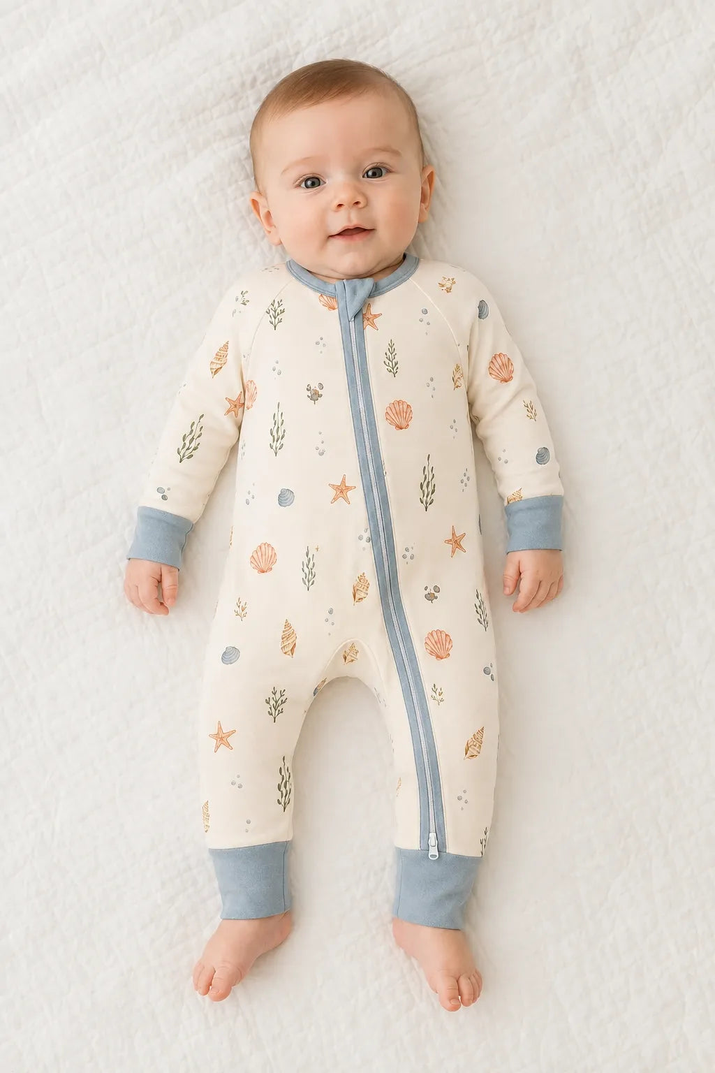 Baby wearing the Seaside Treasures bamboo zipper romper
