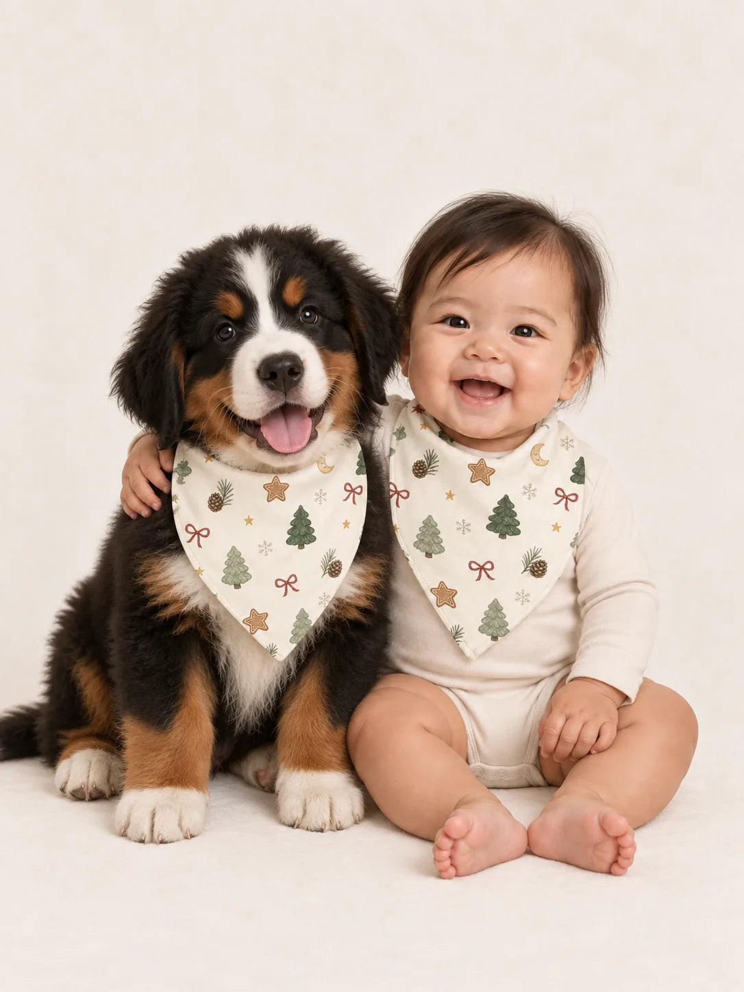 Baby and Bernese Mountain Dog puppy wearing matching MossiBaby Christmas Forest bandana bibs