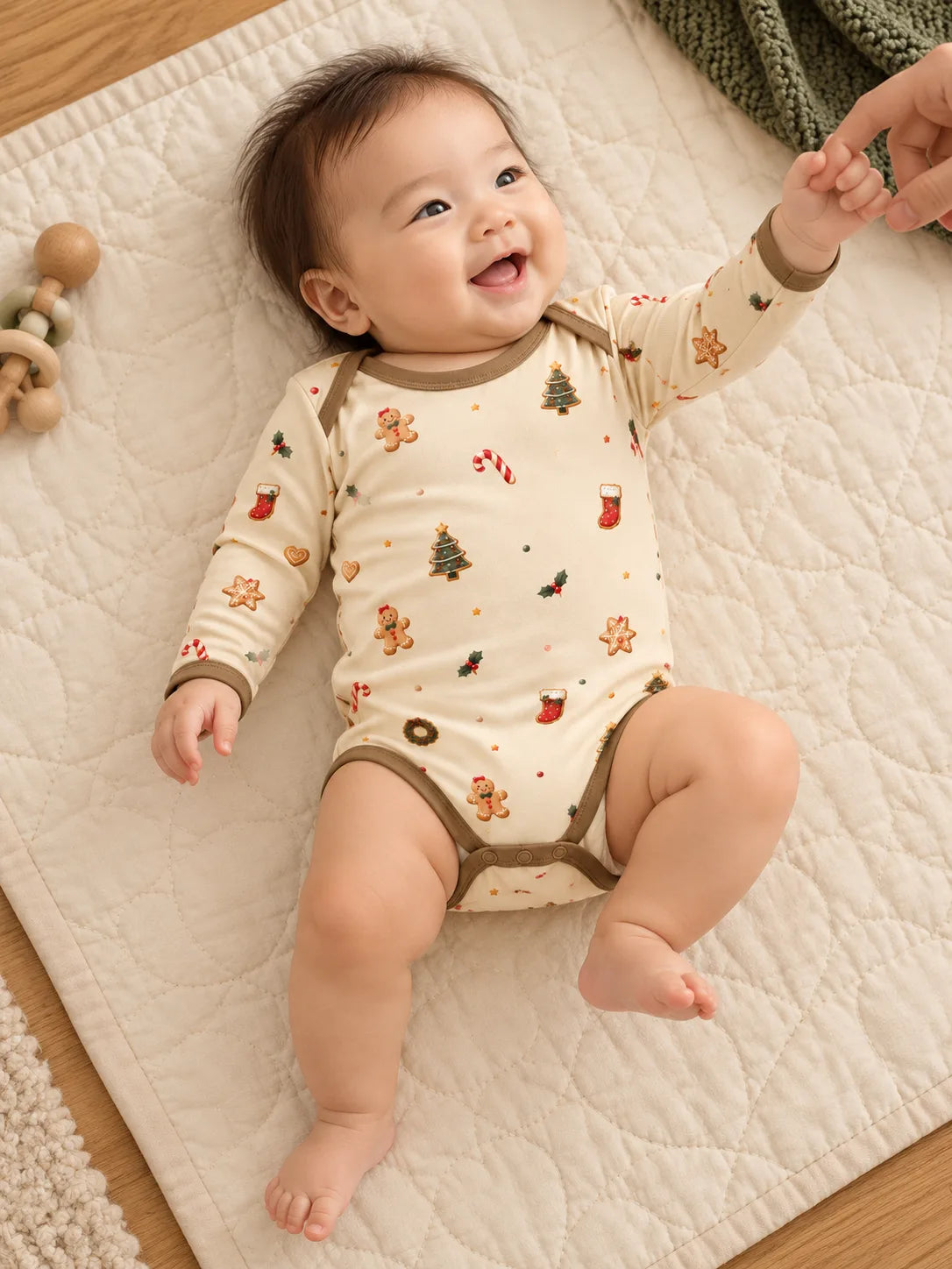 Baby in the MossiBaby Christmas Joy bodysuit lying on a quilted mat and reaching for a parent’s finger.