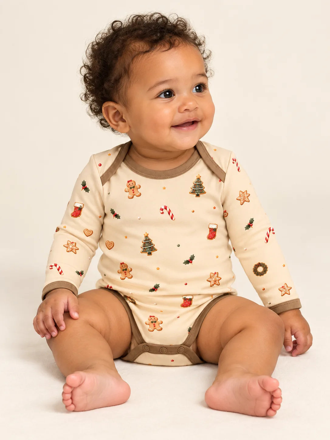 Baby sitting in the MossiBaby Christmas Joy long sleeve bodysuit against a cream studio backdrop.