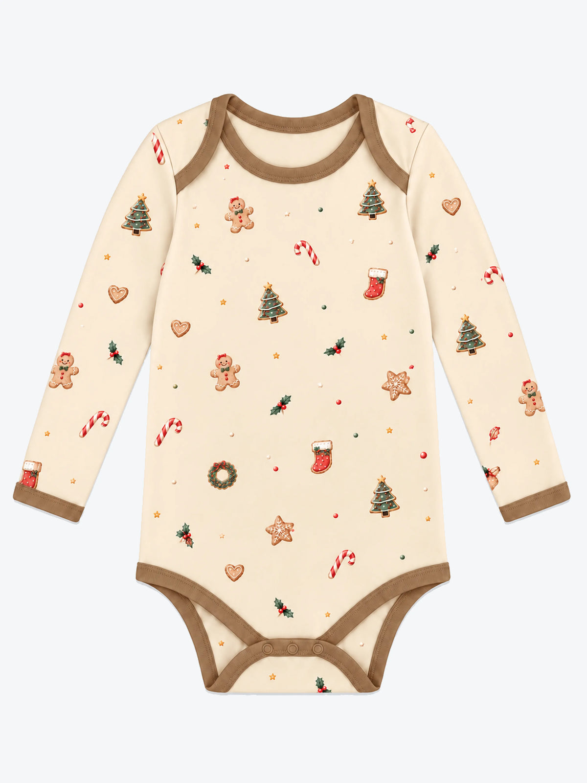 MossiBaby Christmas Joy long sleeve bodysuit with gingerbread print, envelope shoulders and brown crotch snaps.