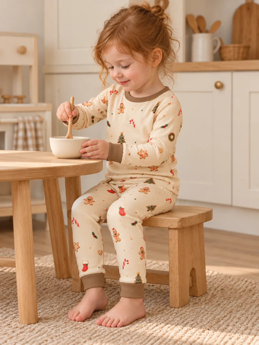 Child in the MossiBaby Christmas Joy pajama set stirring a bowl at a wooden kitchen table.