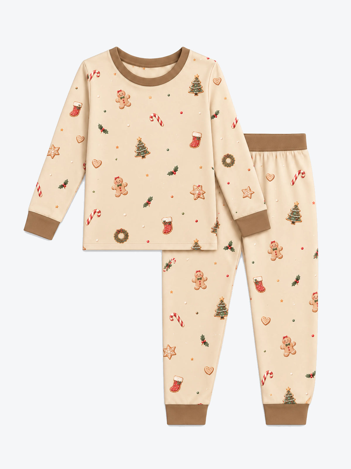 Cream Christmas Joy long sleeve pajama set with gingerbread print, matching pants and brown trim by MossiBaby.