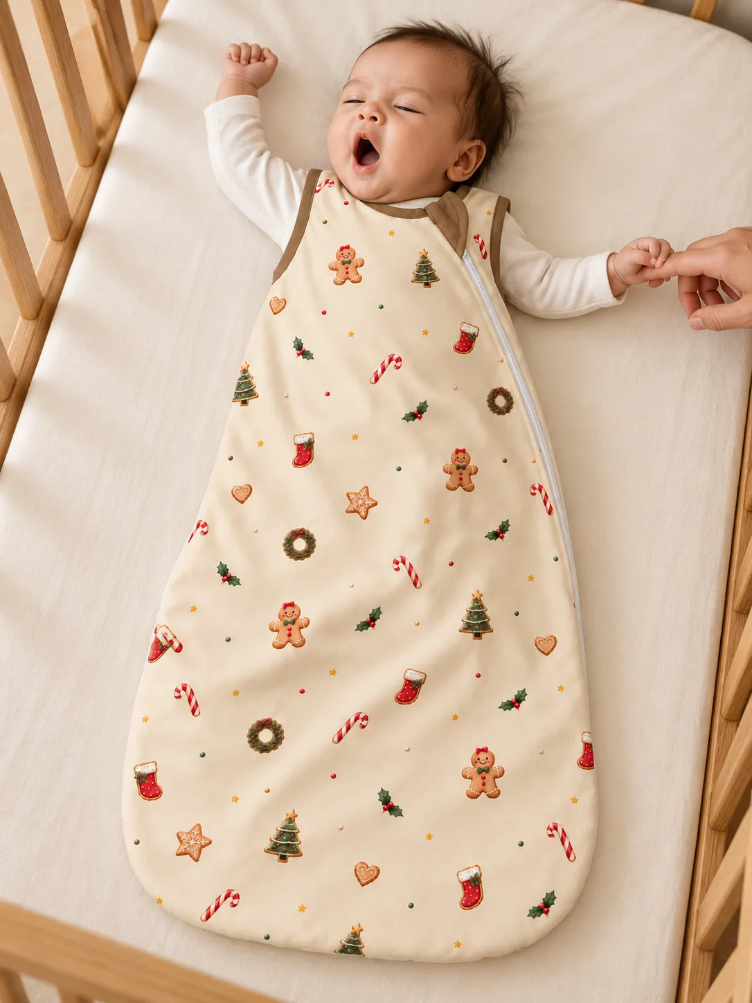 Baby yawning in a wooden crib while wearing the MossiBaby Christmas Joy sleep bag and holding a parent’s finger.