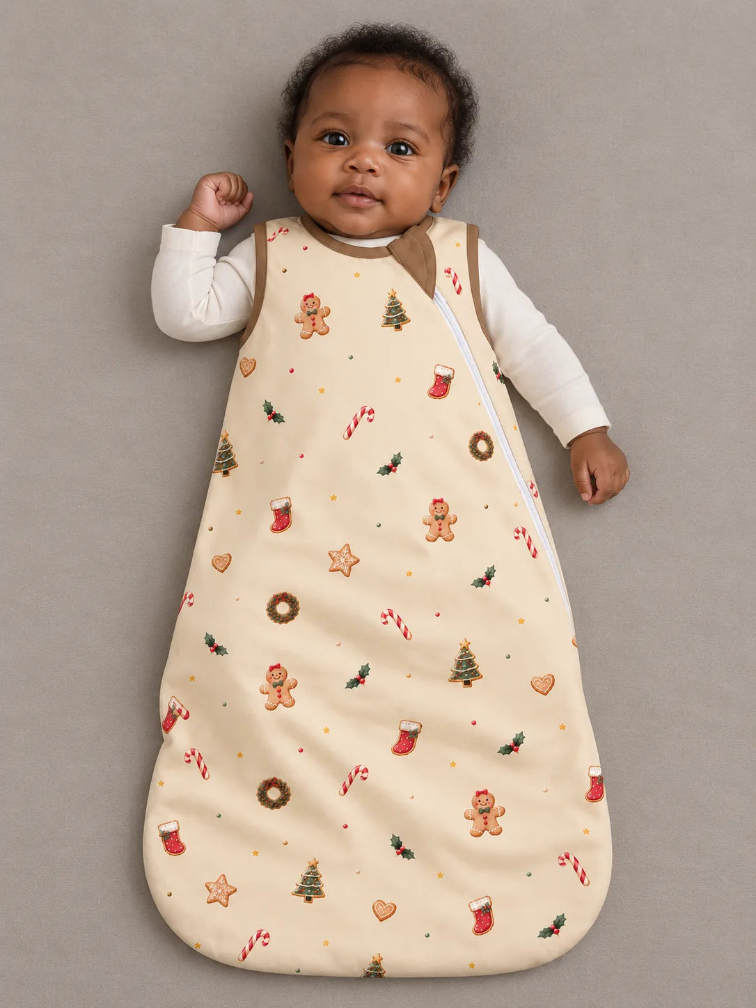 Baby lying in the MossiBaby Christmas Joy sleep bag over an ivory bodysuit against a neutral studio backdrop.