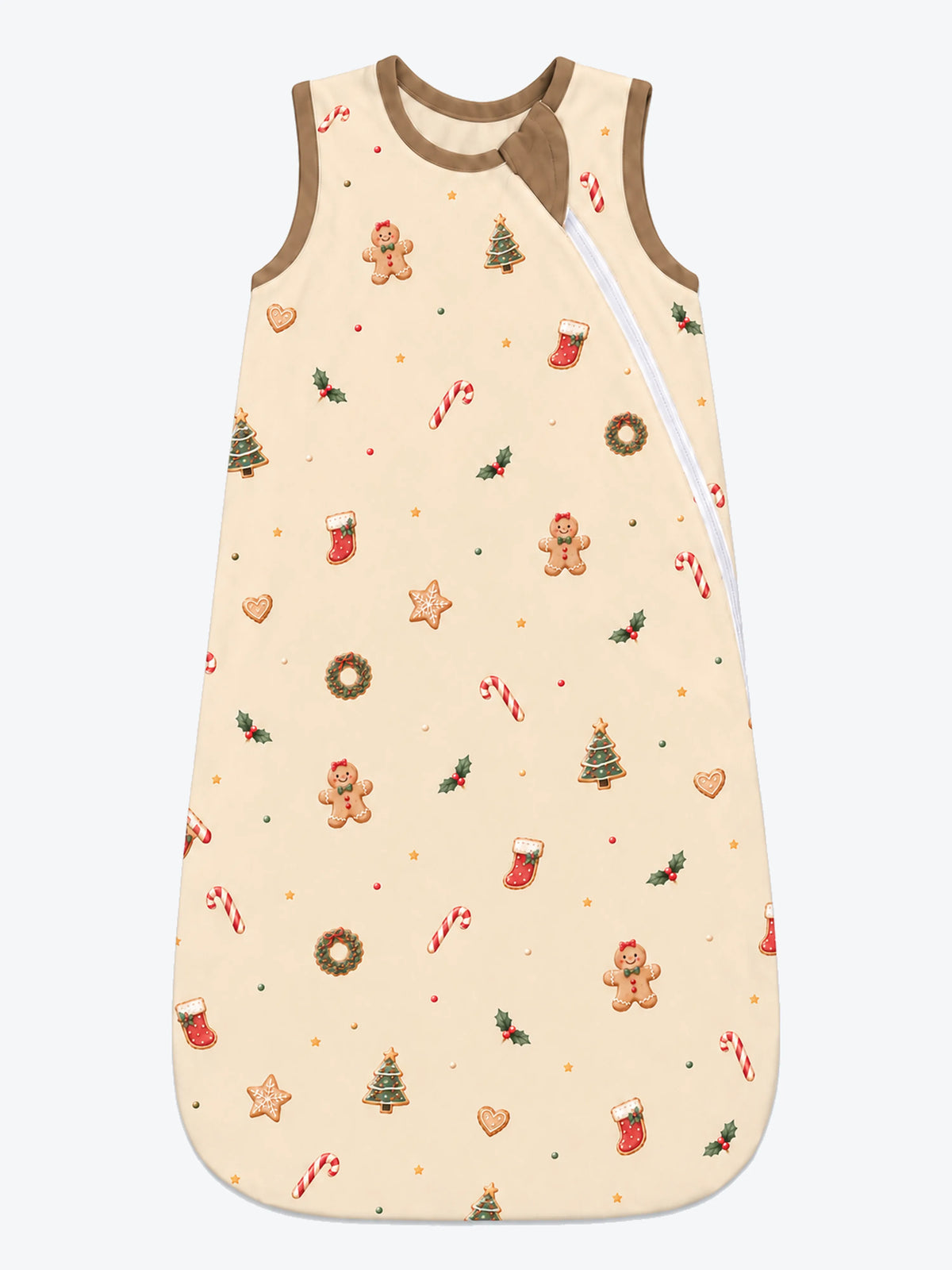 MossiBaby Christmas Joy sleep bag with gingerbread print, brown neckline and armhole binding, and a side zipper.