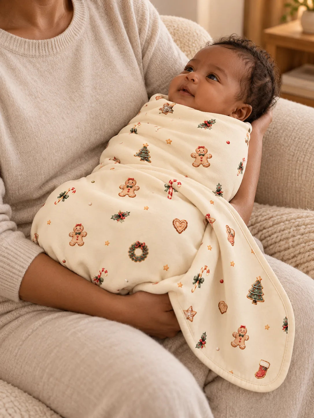 Parent cradling a baby wrapped in the cream gingerbread-print MossiBaby Christmas Joy swaddle blanket.