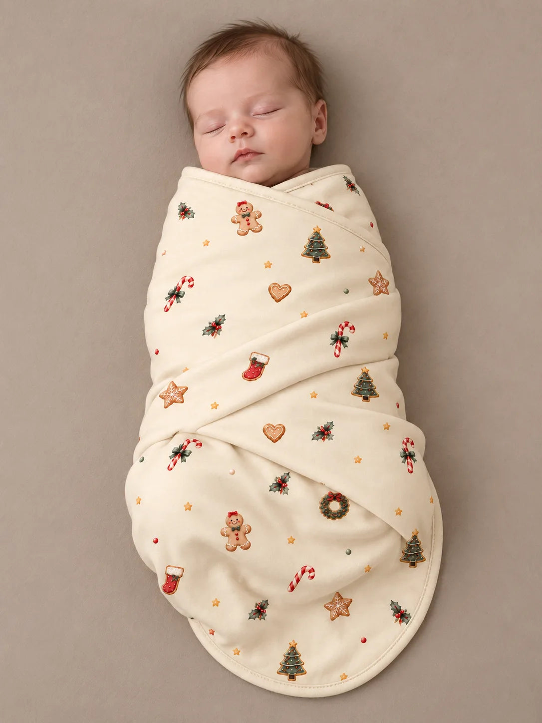 Sleeping newborn wrapped in the MossiBaby Christmas Joy swaddle blanket against a neutral studio backdrop.