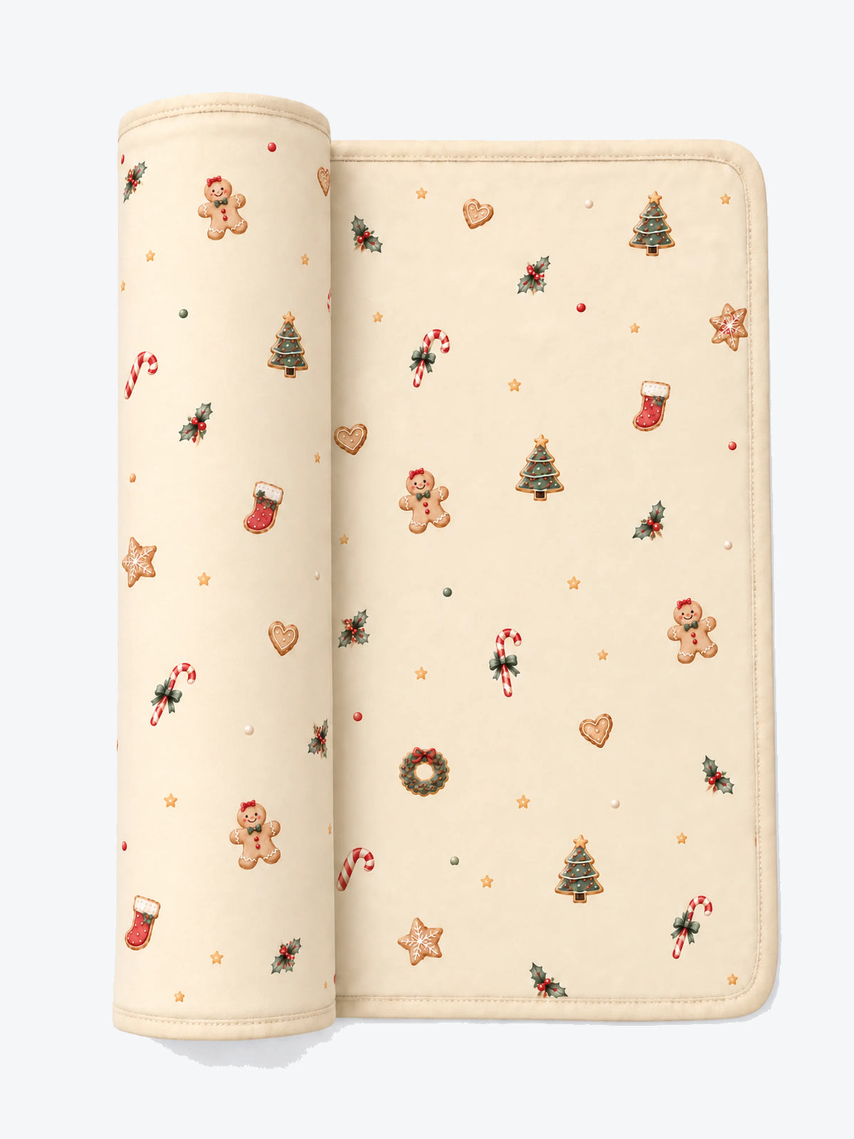 MossiBaby Christmas Joy swaddle blanket with gingerbread cookies and Christmas motifs on cream, with rounded corners.