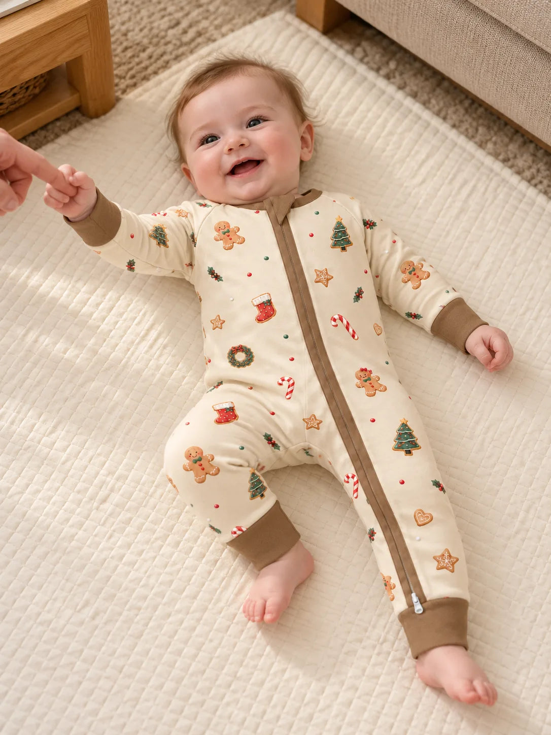 Baby lying on a quilted mat in the MossiBaby Christmas Joy zipper romper, holding a parent’s finger.