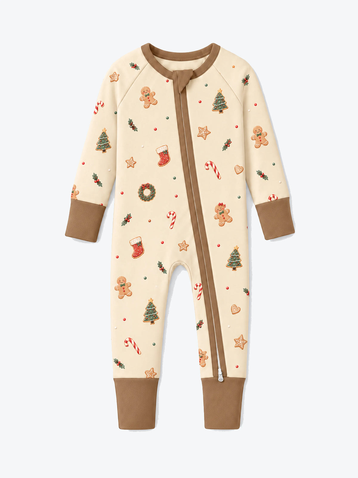 MossiBaby Christmas Joy zipper romper with gingerbread print, long sleeves, full-length legs and brown cuffs.