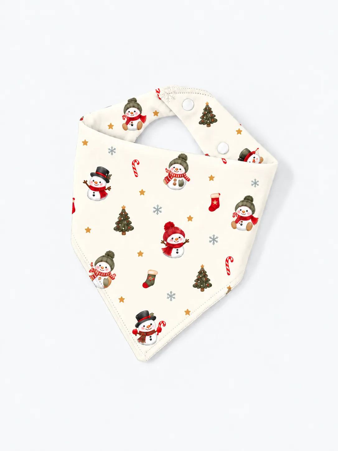Mossibaby Christmas Snowman ivory cream bamboo bandana bib with snowmen, trees and candy canes
