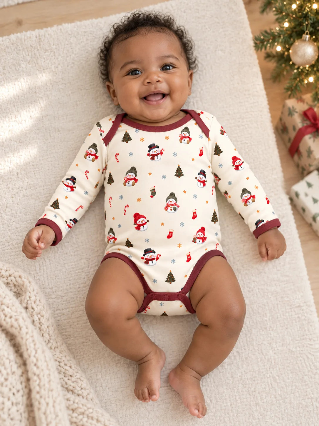 Baby lying on a rug at home wearing Mossibaby Christmas Snowman ivory cream bamboo long sleeve bodysuit with cranberry red trim