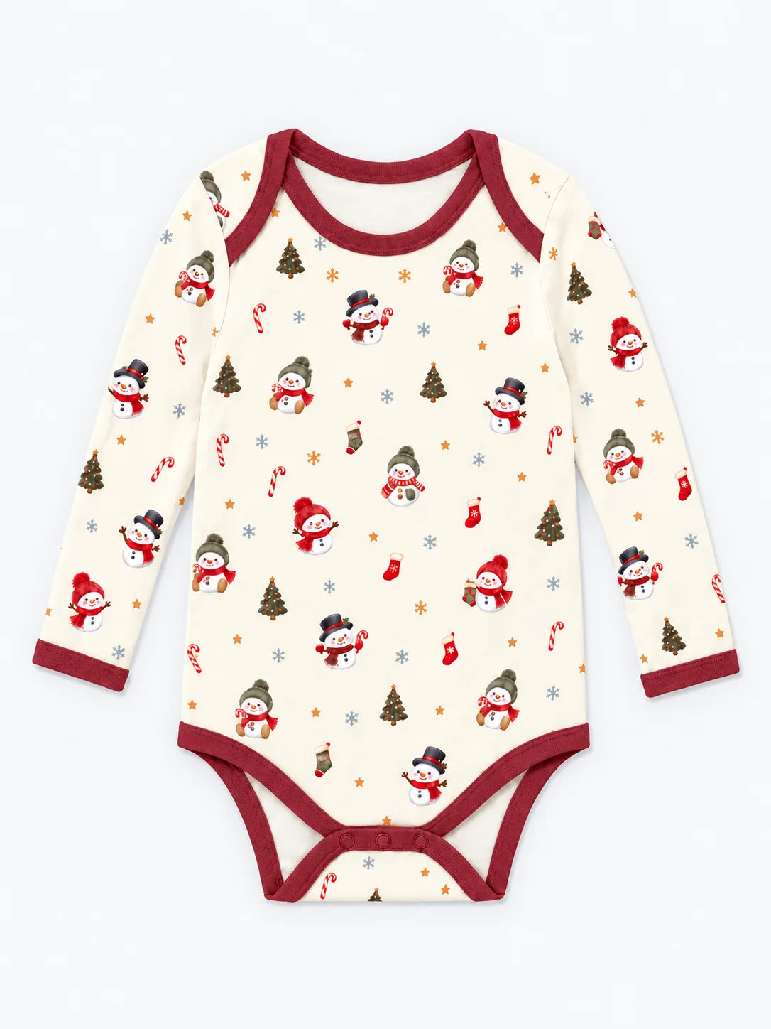 Mossibaby Christmas Snowman ivory cream bamboo long sleeve bodysuit with cranberry red trim with snowmen, trees and candy canes