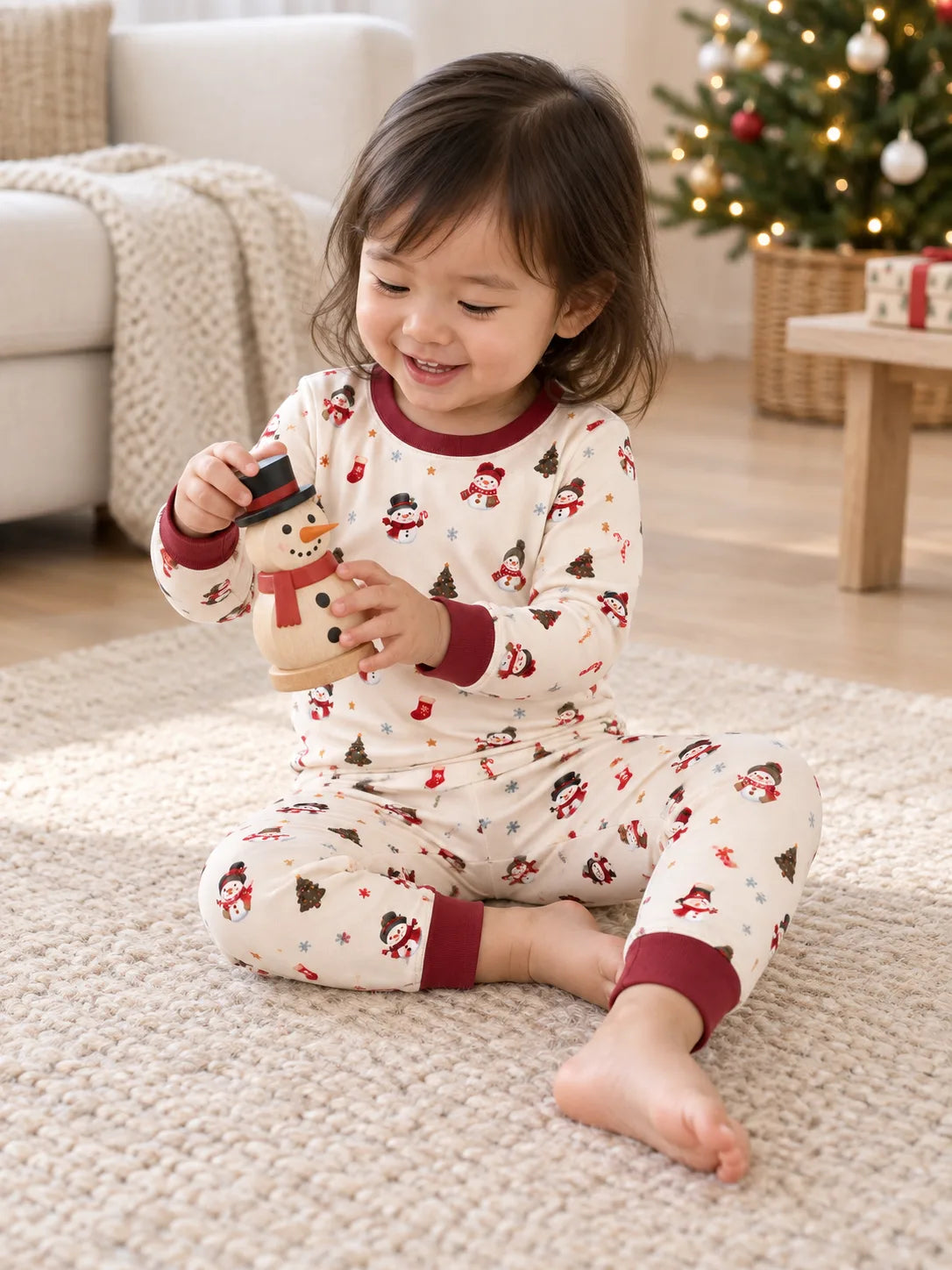Toddler playing with a wooden snowman at home wearing Mossibaby Christmas Snowman ivory cream bamboo long sleeve pajama set with cranberry red trim