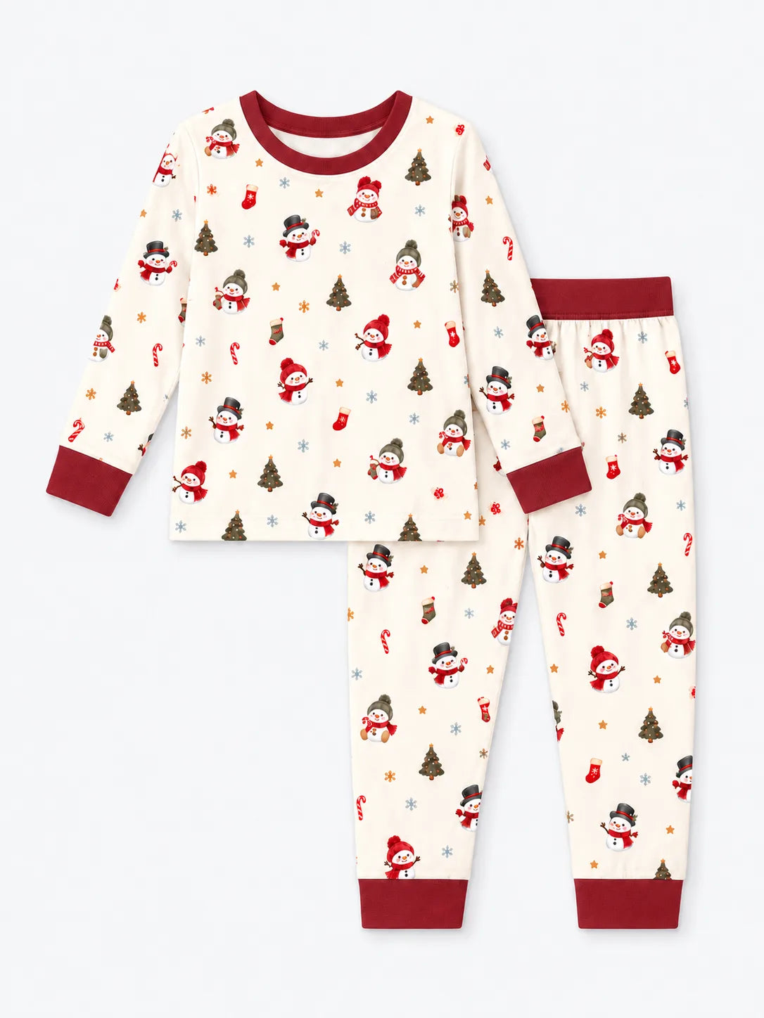 Mossibaby Christmas Snowman ivory cream bamboo long sleeve pajama set with cranberry red trim with snowmen, trees and candy canes