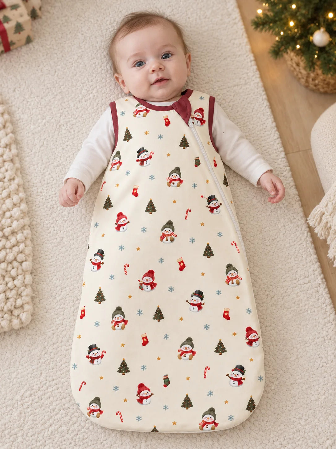Baby lying awake on a rug at home wearing Mossibaby Christmas Snowman ivory cream bamboo sleep bag with cranberry red trim